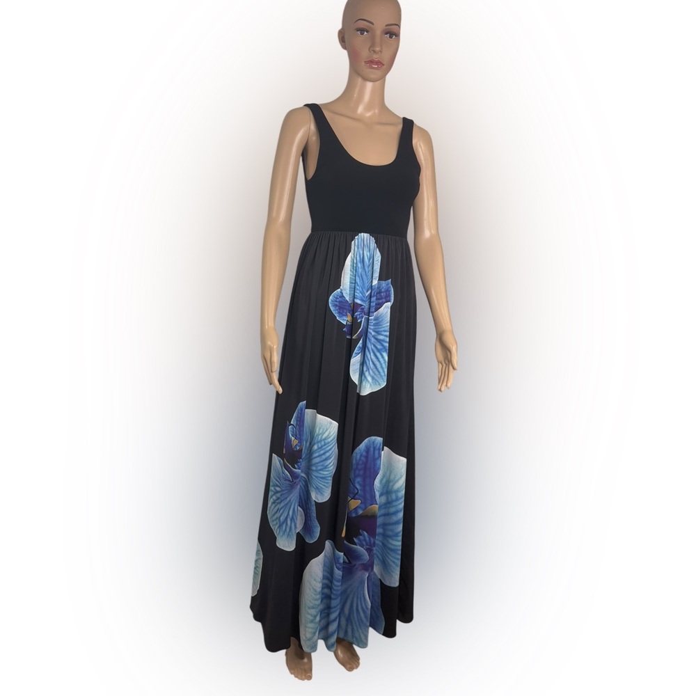 Alice + Olivia Scoop Elegant Black and Blue Floral Maxi Dress size 4
